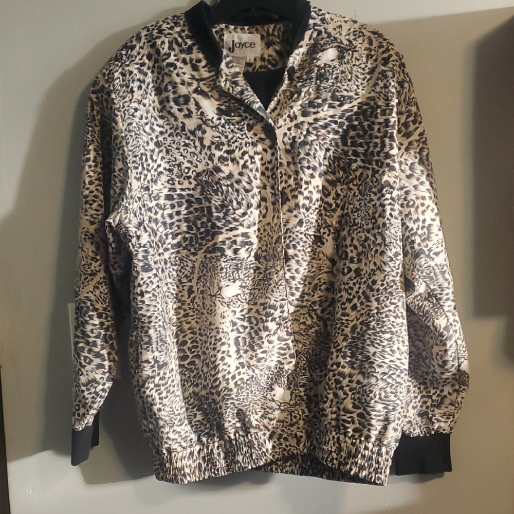Women's Leopard Print Jacket - Black and tan and has sequins and beads.